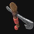 Decorative Medieval Axe With Ornate Metal Head And Red Wrapped Wooden Handle