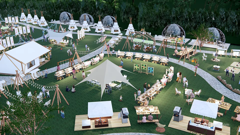 Scenic Camping Site With Green Grass Tents Outdoor Dining And Relaxation Spaces 3d model 