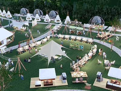 Scenic Camping Site With Green Grass Tents Outdoor Dining And Relaxation Spaces 3d model