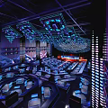 Modern Bar Interior With Neon Lights Seating Areas And Bar Counter