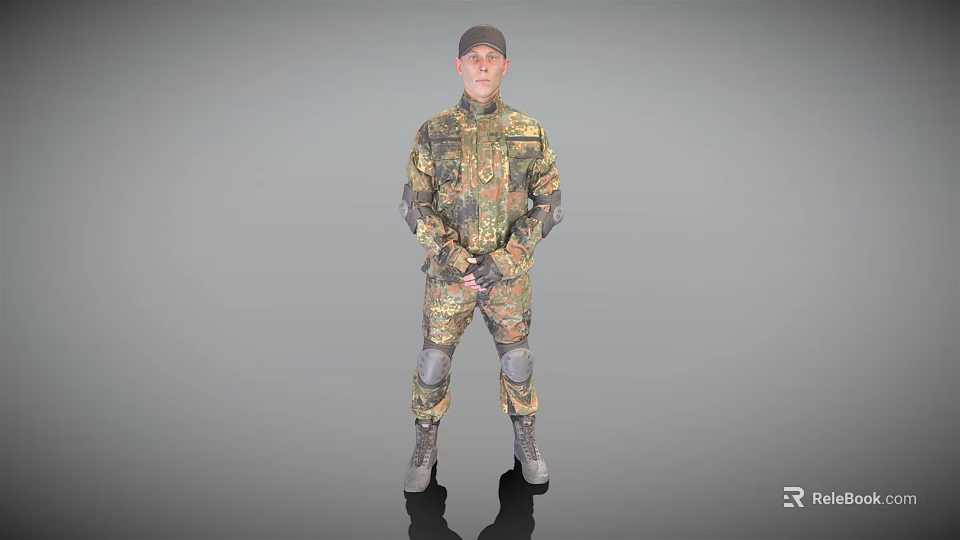 Man In Camouflage Military Uniform With Knee Pads And Combat Boots Standing 3d model 