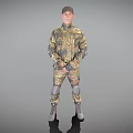 Man In Camouflage Military Uniform With Knee Pads And Combat Boots Standing