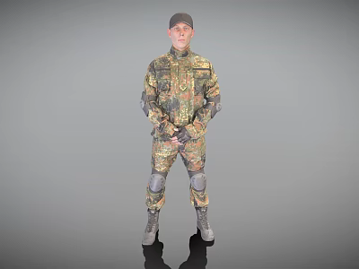 Man In Camouflage Military Uniform With Knee Pads And Combat Boots Standing 3d model