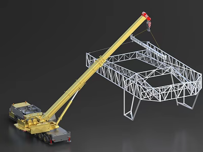 Yellow Crane Truck Lifting Large Steel Frame Structure on Construction Site 3d model