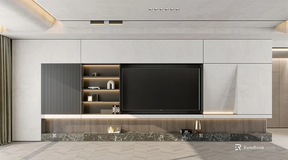 Modern TV Cabinet Interior Design With LED Light Strips And Storage Shelves 3d model 