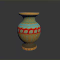 Handcrafted Carved Vase Sculpture With Yellow Green Red Decorative Patterns And Base
