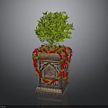 Decorative Planter With Green Plant Red Garland And Arch Design