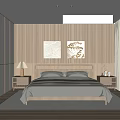 Minimalist Modern Bedroom Interior With Wooden Wall Decorative Paintings Nightstands Table Lamp And Curtains