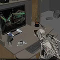 Desk with Skeleton Lying on Architectural Blueprint Displayed on Monitor Coffee Cup and Keyboard