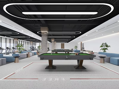 Spacious Modern Fitness Gym Interior With Pool Table Lounge And Workout Equipment 3d model