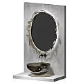 Elegant Modern Washbasin with Oval Decorative Mirror and Metal Bowl on Textured Wall