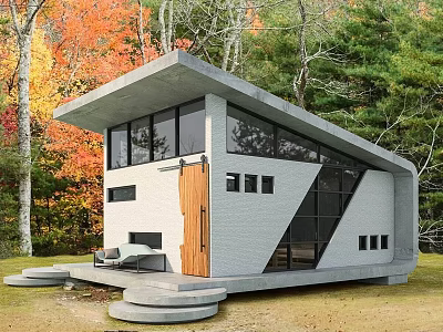 Modern Concrete Single Family House With Sloped Roof Large Windows Autumn Trees And Outdoor Seating 3d model