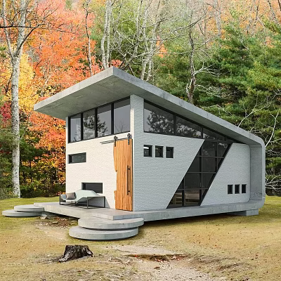 Modern Concrete Single Family House With Sloped Roof Large Windows Autumn Trees And Outdoor Seating 3d model