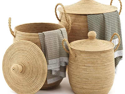 Woven Storage Baskets With Lids Handles And Gray Towels For Home Organization 3d model