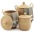 Woven Storage Baskets With Lids Handles And Gray Towels For Home Organization