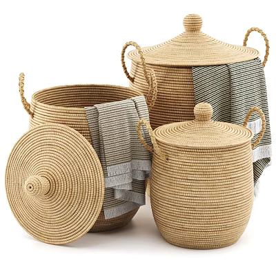 Woven Storage Baskets With Lids Handles And Gray Towels For Home Organization 3d model