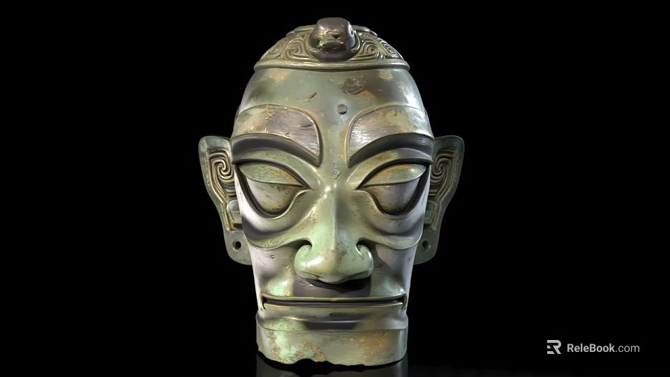 Ancient Bronze Mask with Intricate Facial Patterns and Ornate Top Decoration 3d model 