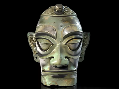 Ancient Bronze Mask with Intricate Facial Patterns and Ornate Top Decoration 3d model