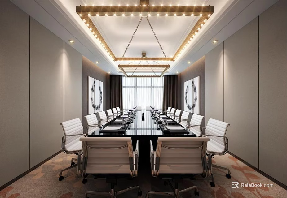 Modern Conference Room With Long Table White Chairs Chandelier And Gray Walls 3d model 