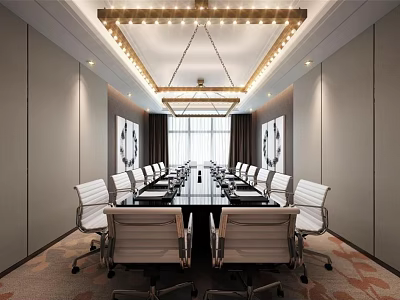Modern Conference Room With Long Table White Chairs Chandelier And Gray Walls 3d model