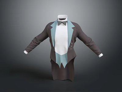 Elegant Brown Suit Jacket With White Collar Light Blue Bow Tie 3D Model 3d model