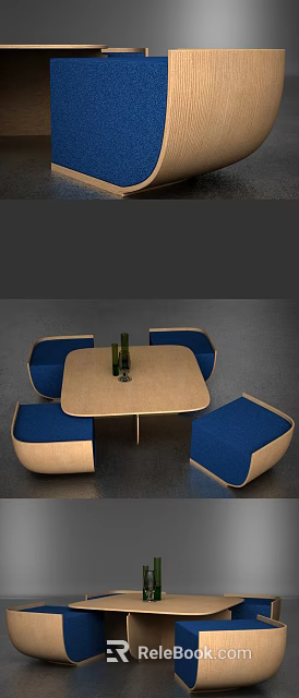 Modern Wooden Table And Chair Set With Blue Upholstered Seats And Contemporary Design 3d model 
