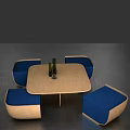 Modern Wooden Table And Chair Set With Blue Upholstered Seats And Contemporary Design