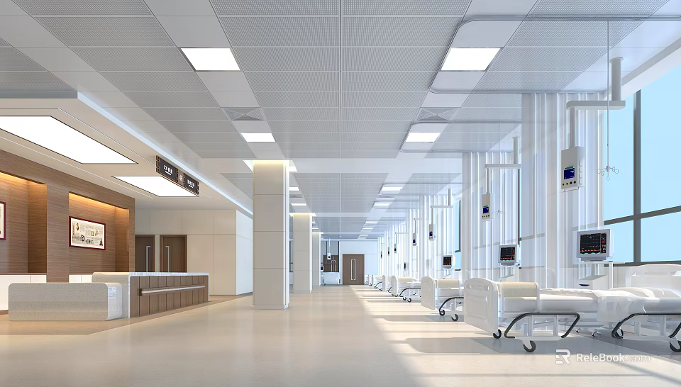 Spacious Bright Hospital Outpatient Clinic Corridor With Reception Desk Ceiling Lights And White Walls 3d model 