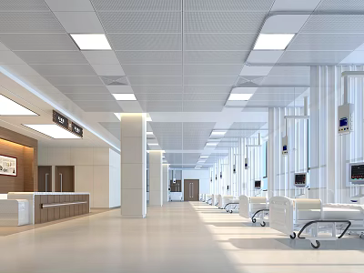 Spacious Bright Hospital Outpatient Clinic Corridor With Reception Desk Ceiling Lights And White Walls 3d model