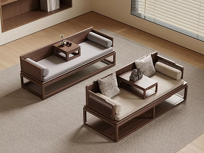 Modern Chinese Interior Sofa Set With Wooden Frame Beige Cushions And Coffee Tables 3d model