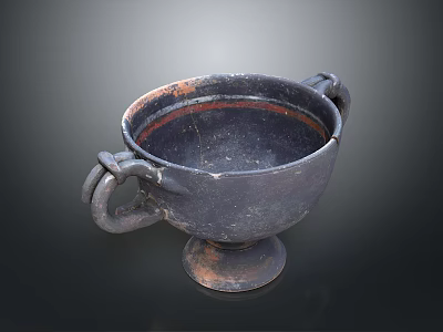 Ancient Hand Carved Ceramic Cup With Double Handles And Retro Design 3d model
