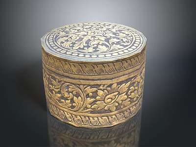 Decorative Showcase Shelf Displaying Golden Carved Box With Intricate Floral Patterns 3d model