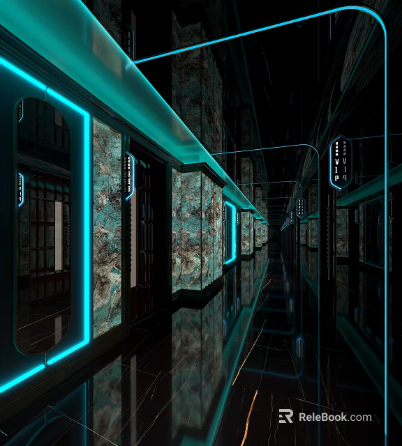 Futuristic Elevator Hallway With Blue Neon Strip Lights And Marble Textured Walls 3d model 