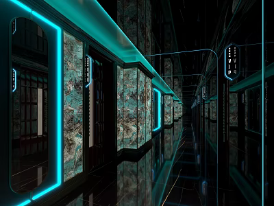 Futuristic Elevator Hallway With Blue Neon Strip Lights And Marble Textured Walls 3d model
