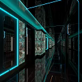 Futuristic Elevator Hallway With Blue Neon Strip Lights And Marble Textured Walls