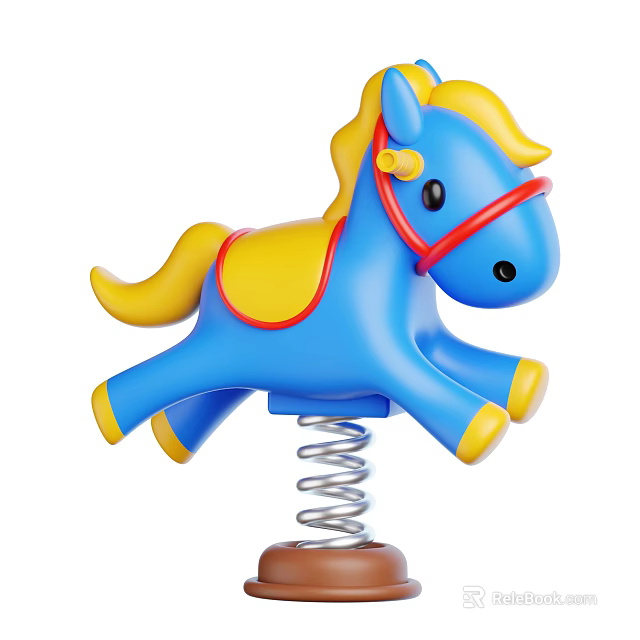 Blue Spring Rocking Horse with Yellow Mane Tail and Red Reins Kids Play Equipment 3d model 