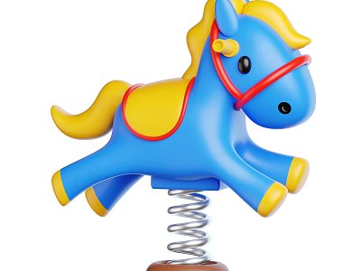 Blue Spring Rocking Horse with Yellow Mane Tail and Red Reins Kids Play Equipment 3d model