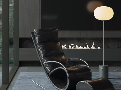 Black Leather Lounge Chair In Modern Living Room With Floor Lamp And Fireplace 3d model