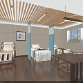 Modern Patient Room Interior With Wooden Ceiling White Walls Two Beds And Blue Curtains