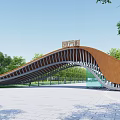 Curved Wooden Entrance Gate with Inscribed Top Surrounded by Trees and Open Square