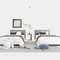 Two Single Beds In Modern Bedroom With Gray Bedding And Stuffed Toys