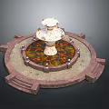 Architectural Tiered Fountain Structure With Circular Base Colorful Mosaic Floor Surrounding Steps And Decorative Lights
