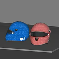 Blue And Pink Racing Helmets With Shiny Surface And Visors On Gray Platform 3d model