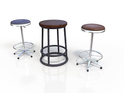Three Stylish Bar Stools With Leather Seats And Metal Legs In Blue Brown Colors 3d model