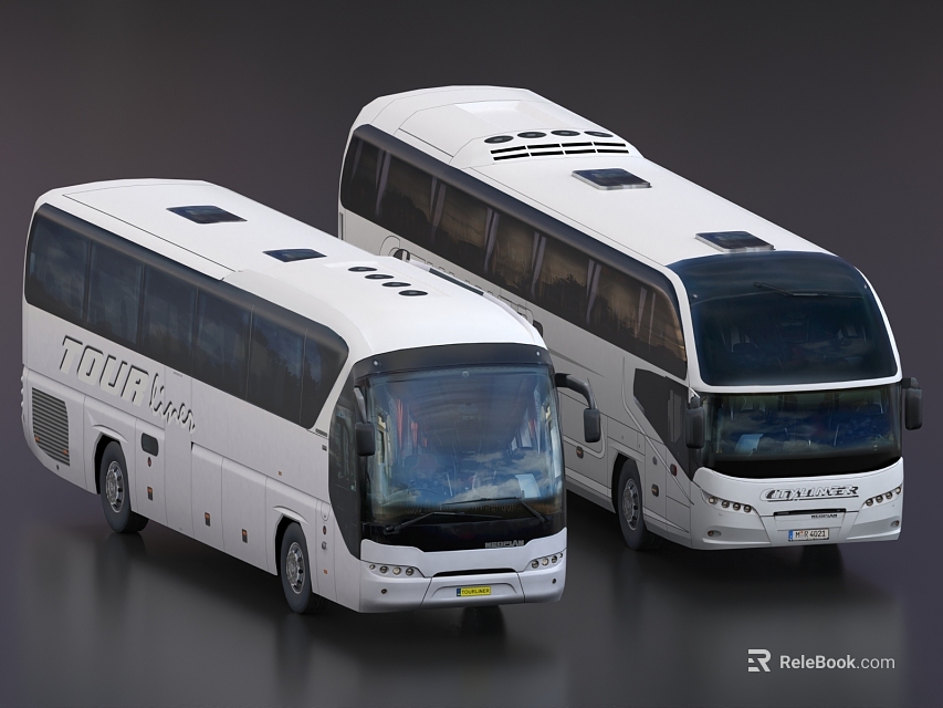 Two White Tour Buses With TOURING And GLORIA Branding Front View Large Windows Modern Design 3d model 