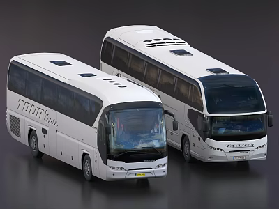 Two White Tour Buses With TOURING And GLORIA Branding Front View Large Windows Modern Design 3d model