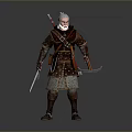 Man With White Hair And Beard In Medieval Armored Outfit Holding Sword Curved Blade And Quiver