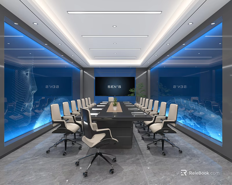 Modern Conference Room Interior With Long Meeting Table Ergonomic Chairs And Blue Background Screens 3d model 