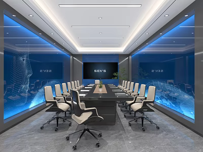 Modern Conference Room Interior With Long Meeting Table Ergonomic Chairs And Blue Background Screens 3d model
