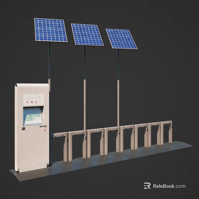 Solar Energy Setup Featuring Three Panels Control Unit And Support Frames 3d model
